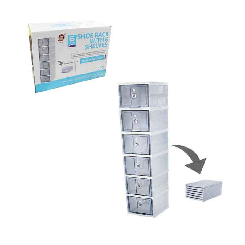 Raft pentru încălțăminte cu 6 compartimente, montare verticală economisire spațiu, uși transparente, material plastic rezistent, dimensiuni 25.5×34.5×105 cm [1]