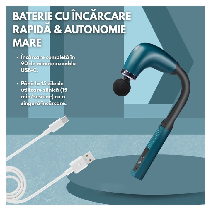 Aparat masaj tip pistol cu braț extensibil, 5 viteze 1000-2600 RPM, 4 capete, încărcare USB-C, motor silențios <45 dB, portabil, albastru/negru [1]