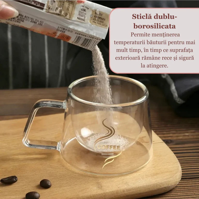 Cană cafea transparentă 200 ml, perete dublu termorezistent, inscripție "coffee", dimensiuni 9.5×7.5×7 cm [3]