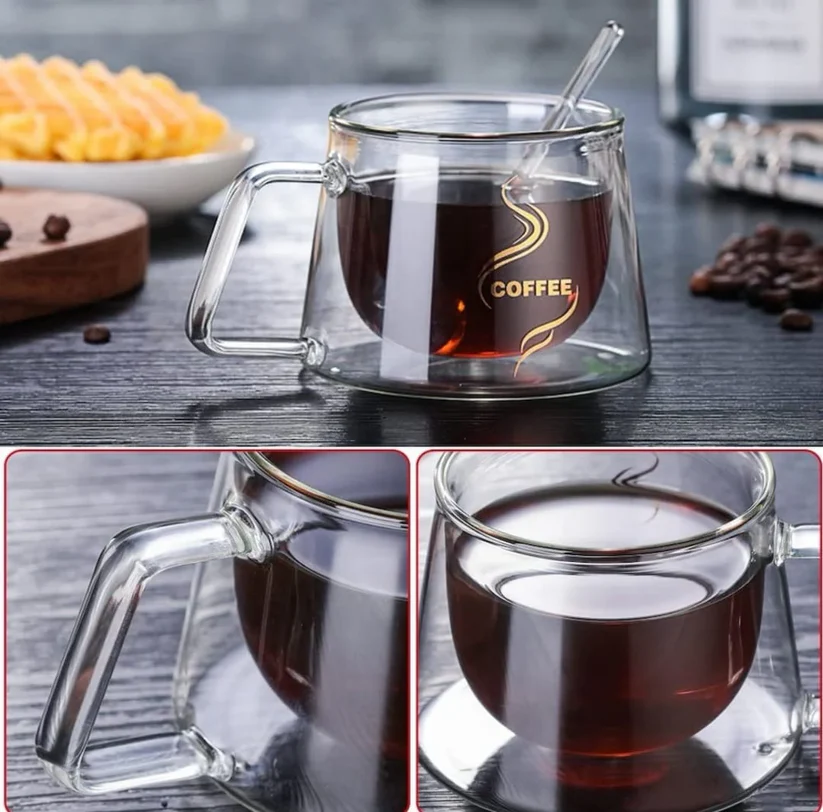 Cană cafea transparentă 200 ml, perete dublu termorezistent, inscripție "coffee", dimensiuni 9.5×7.5×7 cm [7]