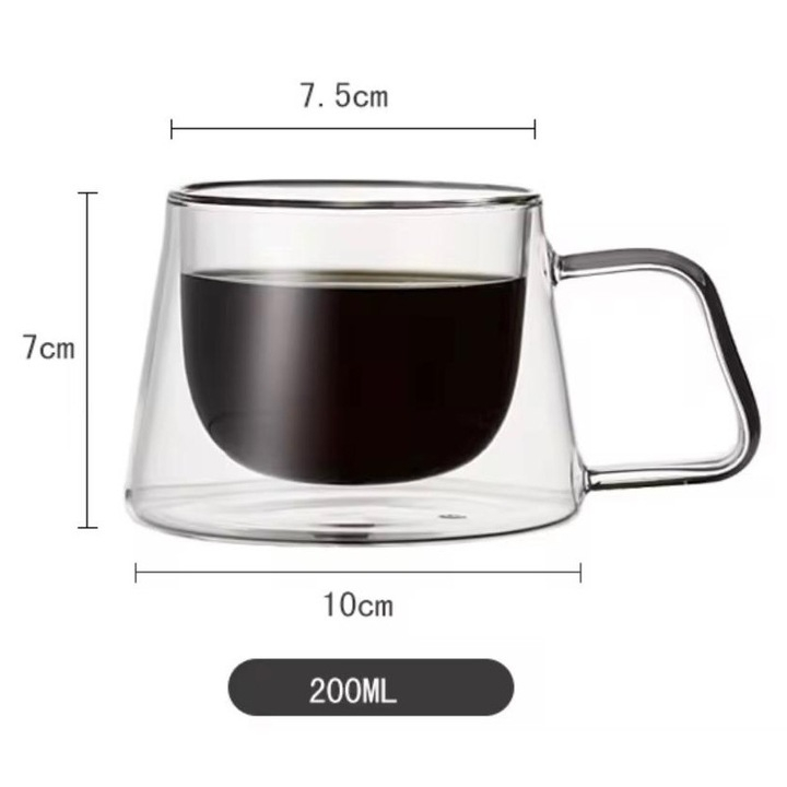 Cană cafea transparentă 200 ml, perete dublu termorezistent, inscripție "coffee", dimensiuni 9.5×7.5×7 cm [1]