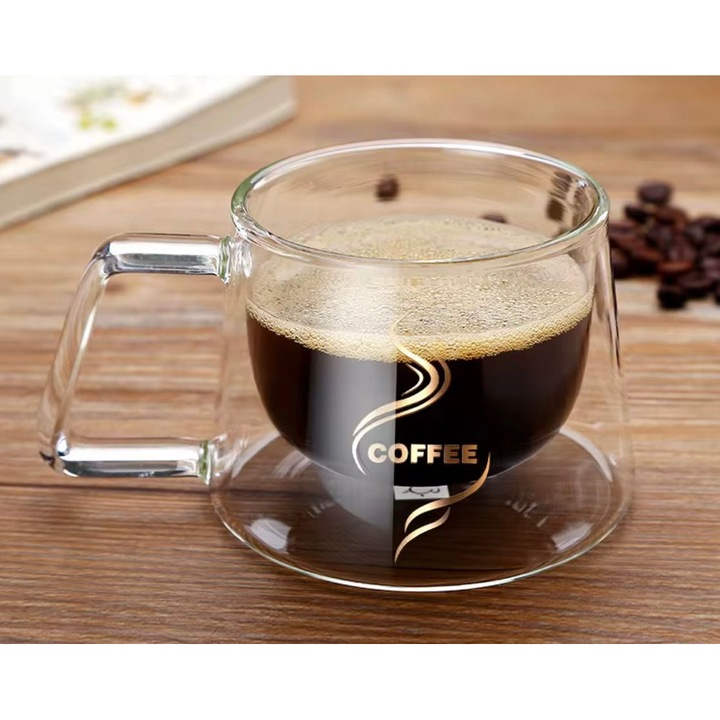 Cană cafea transparentă 200 ml, perete dublu termorezistent, inscripție "coffee", dimensiuni 9.5×7.5×7 cm [5]