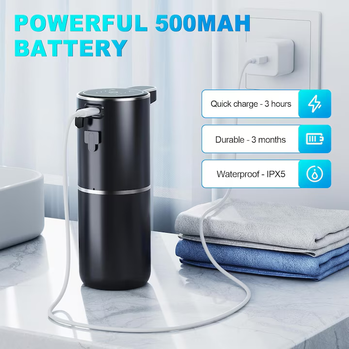 Dozator de săpun automat 380 ml, senzor cu afișaj LED, 4 trepte dozare, spumare rapidă 0.25s, încărcare USB-C, rezistent la apă, montare perete sau blat, negru/alb [6]