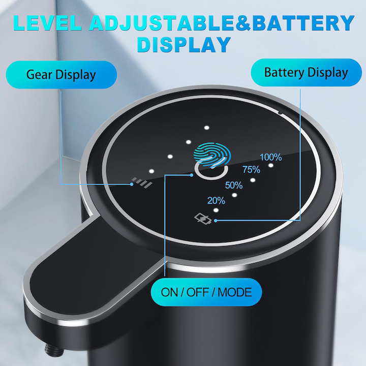 Dozator de săpun automat 380 ml, senzor cu afișaj LED, 4 trepte dozare, spumare rapidă 0.25s, încărcare USB-C, rezistent la apă, montare perete sau blat, negru/alb [4]