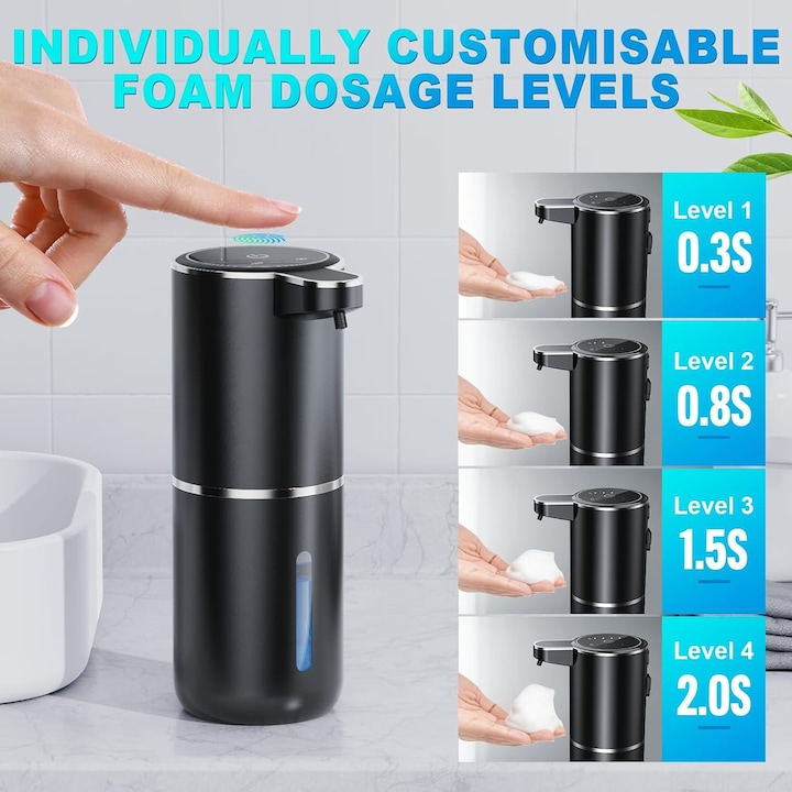 Dozator de săpun automat 380 ml, senzor cu afișaj LED, 4 trepte dozare, spumare rapidă 0.25s, încărcare USB-C, rezistent la apă, montare perete sau blat, negru/alb [2]