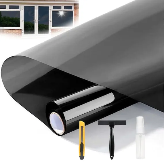 Folie protecție solară autoadezivă 0.6×3 m, protecție UV și termică, efect intimitate tip oglindă, aplicare ușoară cu kit inclus, culoare negru [1]