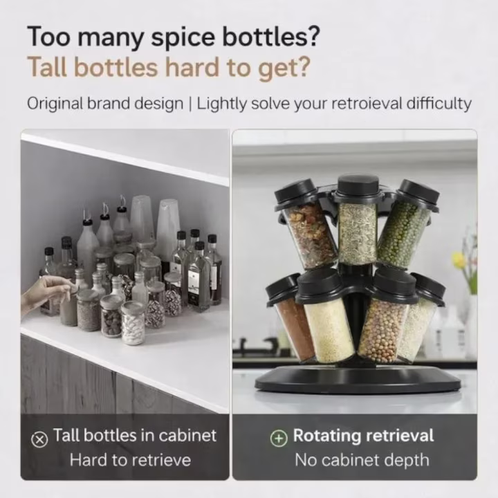Suport condimente rotativ cu 12 borcane, capace detașabile, design compact pentru economisire spațiu, organizator bucătărie ușor de utilizat și curățat [2]