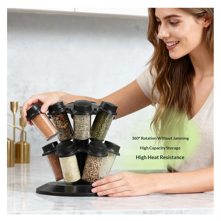 Suport condimente rotativ cu 12 borcane, capace detașabile, design compact pentru economisire spațiu, organizator bucătărie ușor de utilizat și curățat [3]