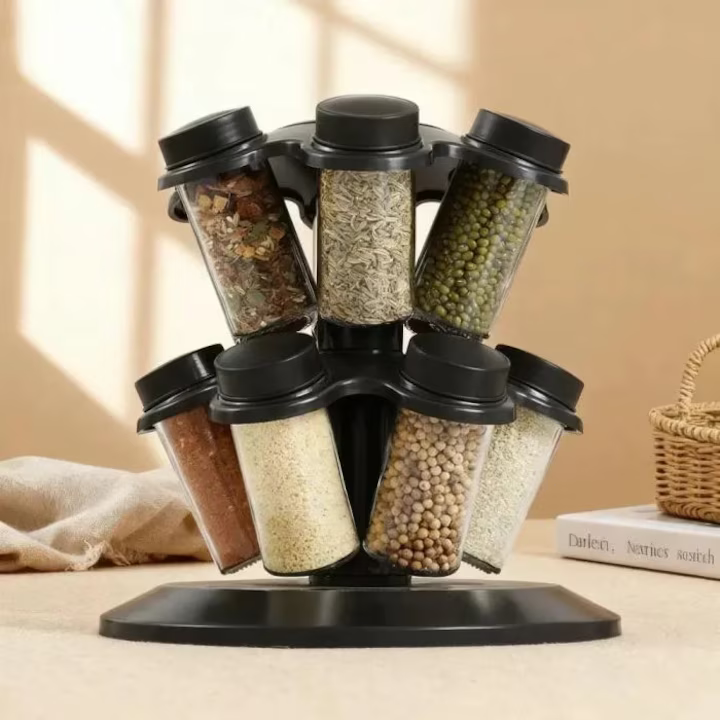 Suport condimente rotativ cu 12 borcane, capace detașabile, design compact pentru economisire spațiu, organizator bucătărie ușor de utilizat și curățat [4]