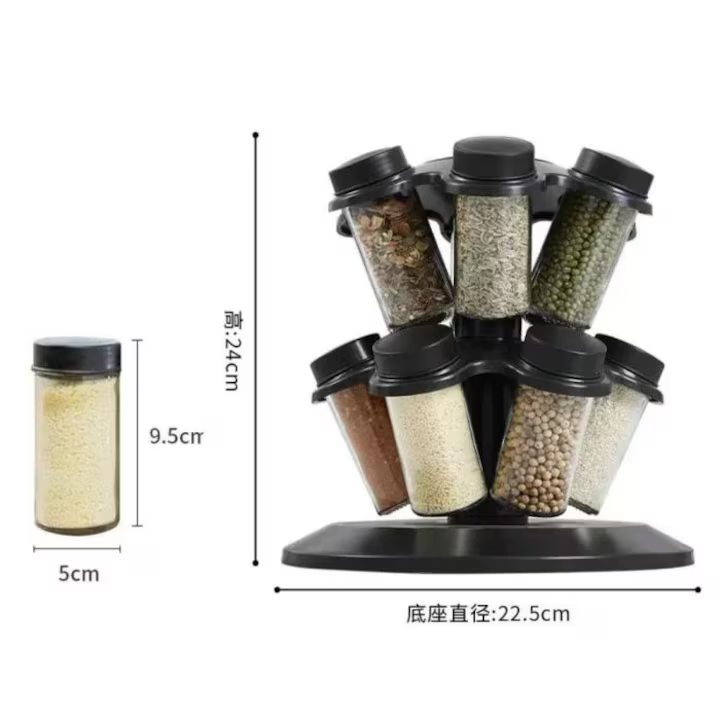 Suport condimente rotativ cu 12 borcane, capace detașabile, design compact pentru economisire spațiu, organizator bucătărie ușor de utilizat și curățat [1]