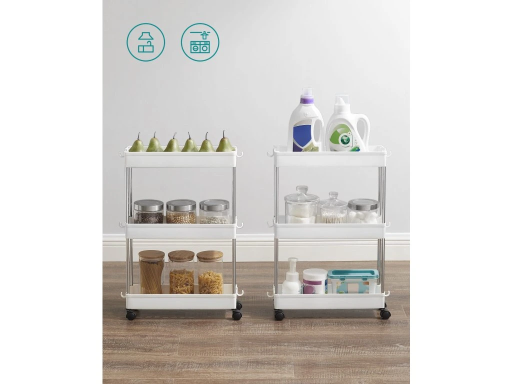 Etajeră mobilă cu roți, 3 rafturi, construcție metal și plastic, design compact cu ventilație, culoare alb [5]