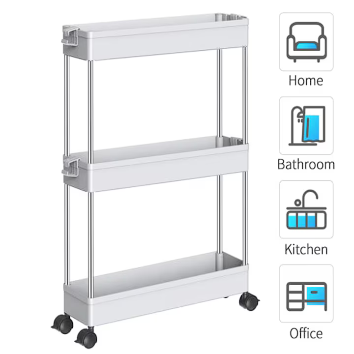 Etajeră mobilă cu roți, 3 rafturi, construcție metal și plastic, design compact cu ventilație, culoare alb [7]