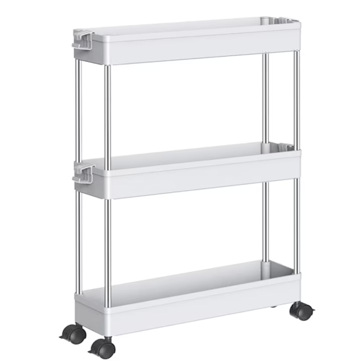 Etajeră mobilă cu roți, 3 rafturi, construcție metal și plastic, design compact cu ventilație, culoare alb [1]