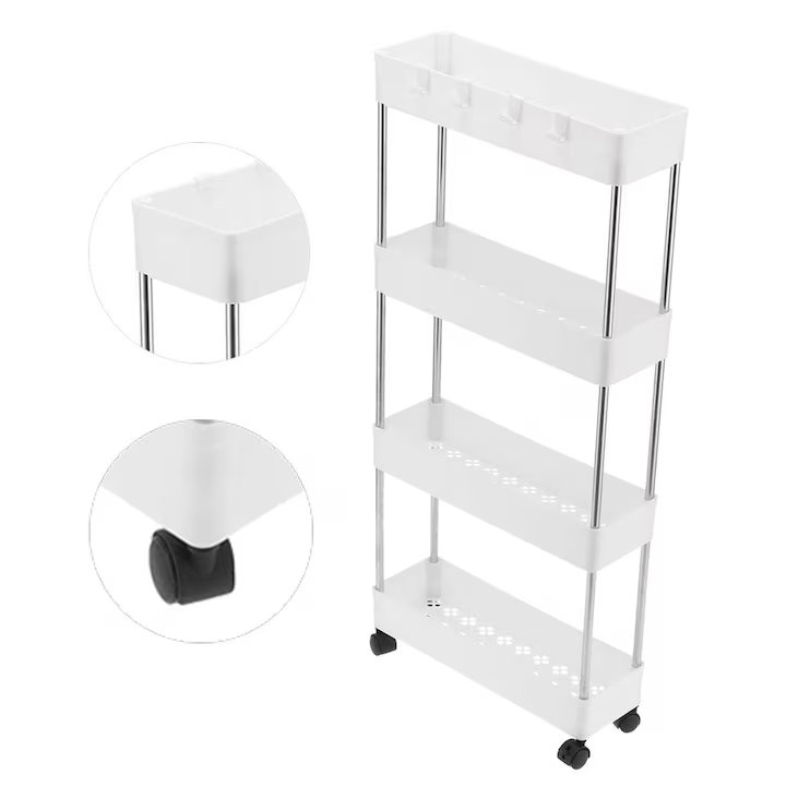 Etajeră mobilă cu roți, 4 rafturi, construcție metal și plastic, design compact cu ventilație, dimensiuni aprox. 40.5×22.5×87 cm, culoare alb [8]