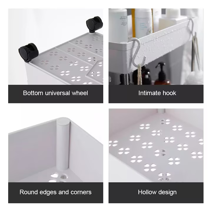 Etajeră mobilă cu roți, 4 rafturi, construcție metal și plastic, design compact cu ventilație, dimensiuni aprox. 40.5×22.5×87 cm, culoare alb [7]