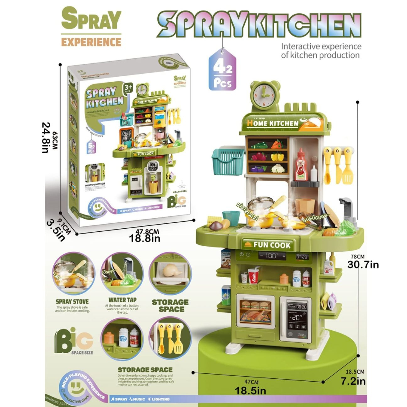 Set bucătărie copii 42 piese, ustensile, alimente și vase incluse, plastic fără BPA, margini sigure, joc de simulare gătit pentru băieți și fete, verde [2]