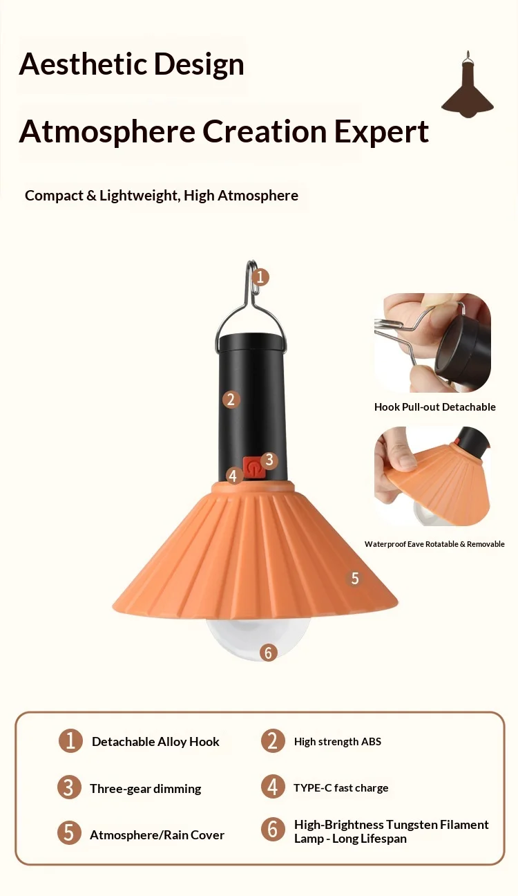 Lampă LED portabilă pentru camping, reîncărcabilă USB, lumină ambientală multifuncțională, control prin buton, design compact și rezistent pentru exterior [6]