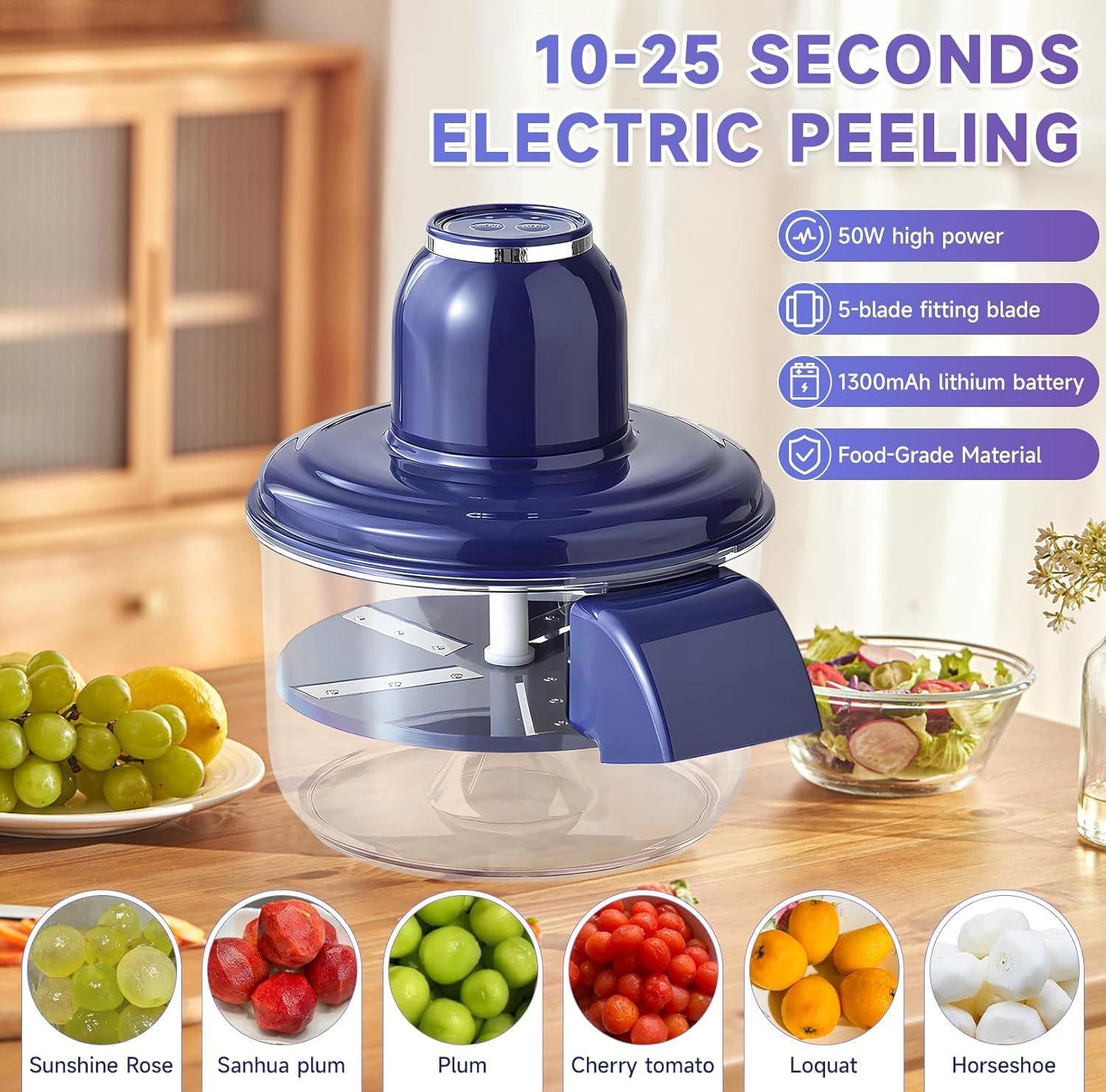 Mașină automată de curățat struguri și usturoi, 50W, fără fir cu încărcare USB, pentru fructe mici, design compact din inox și ABS, utilizare rapidă și ușoară [3]