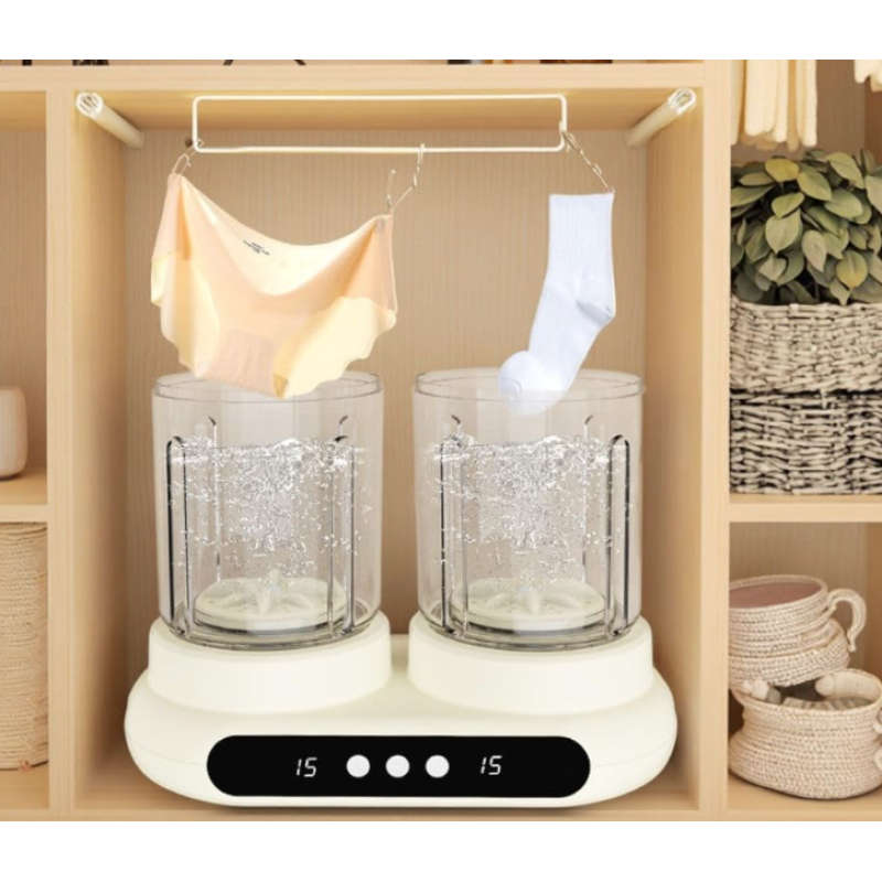 Mini mașină de spălat portabilă dublă, pentru șosete și lenjerie, două compartimente, consum redus, funcționare silențioasă, design compact din plastic rezistent [5]