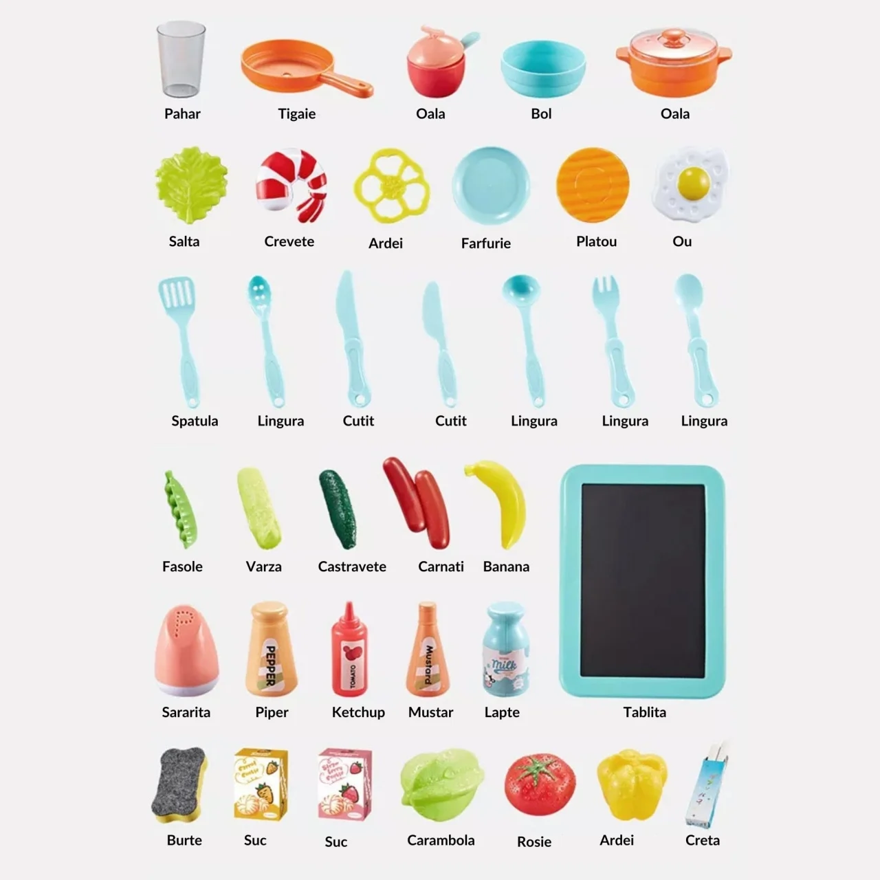 Bucătărie multifuncțională copii 55 piese, chiuvetă cu circuit apă, aragaz și frigider, tablă pentru notițe, accesorii incluse, joc de rol educativ, culoare roșie [3]