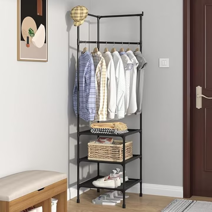 Suport de colț pentru haine 185×54×40 cm, 3 rafturi și 4 cârlige duble, cadru metalic rezistent, design compact pentru organizare eficientă, negru [5]