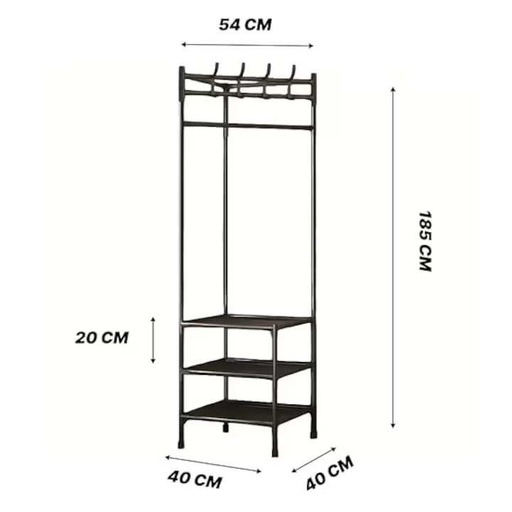 Suport de colț pentru haine 185×54×40 cm, 3 rafturi și 4 cârlige duble, cadru metalic rezistent, design compact pentru organizare eficientă, negru [3]