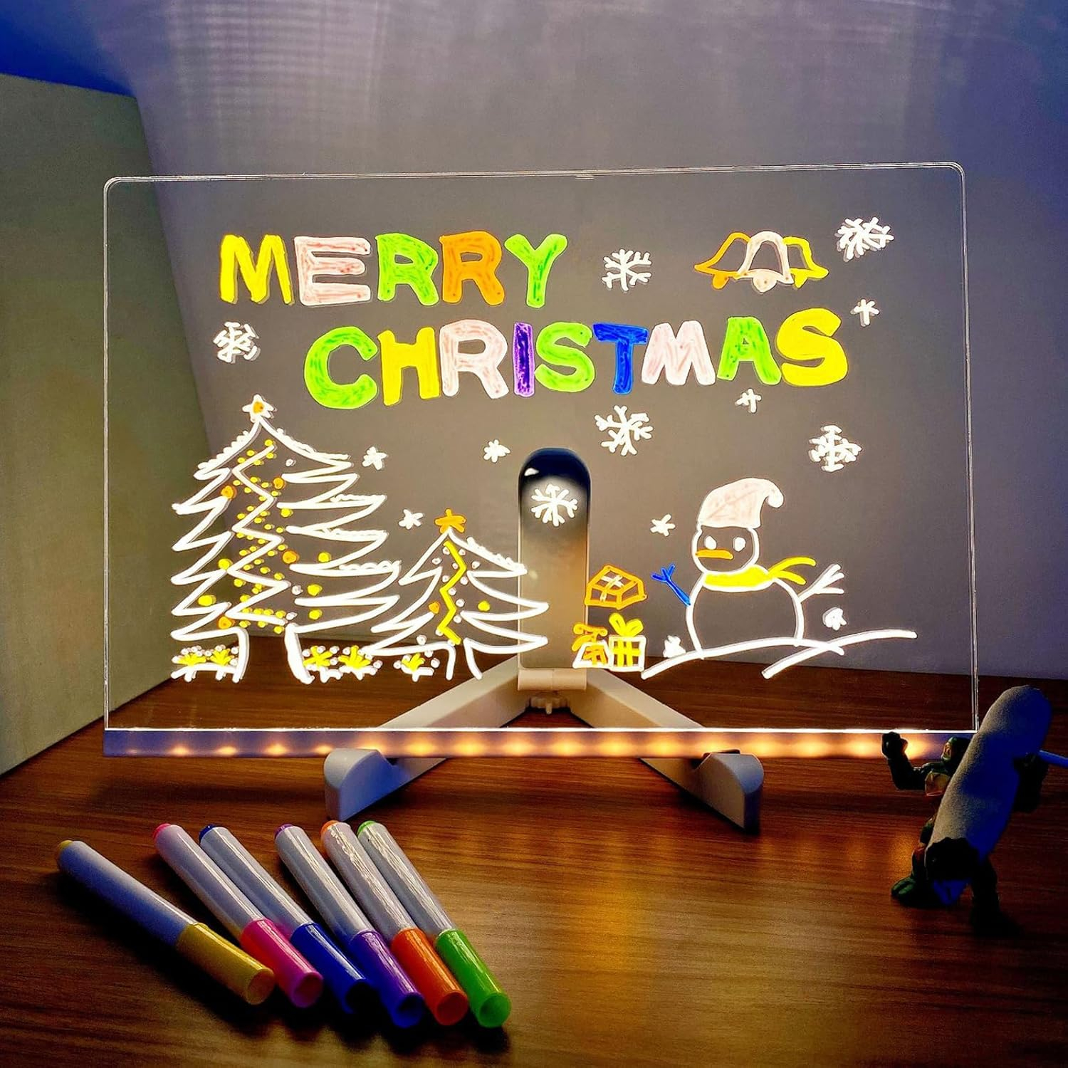 Tablă de notițe LED 30×20 cm, tabletă desen reutilizabilă cu 7 pixuri colorate, suport inclus, pentru copii, birou și școală [5]