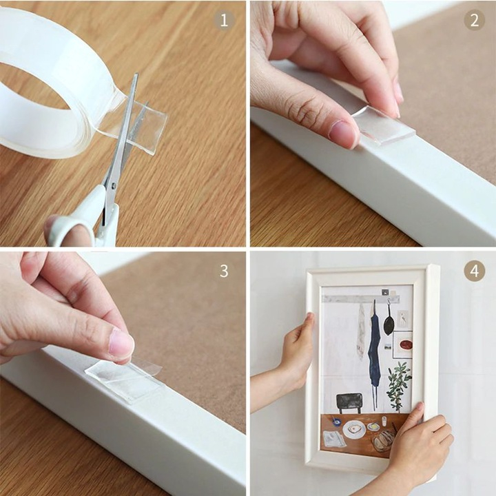 Bandă adezivă dublă reutilizabilă 3 m x 5 cm, cauciuc acrilic transparent, impermeabilă, grosime 2 mm, aderență puternică pentru suprafețe netede [1]
