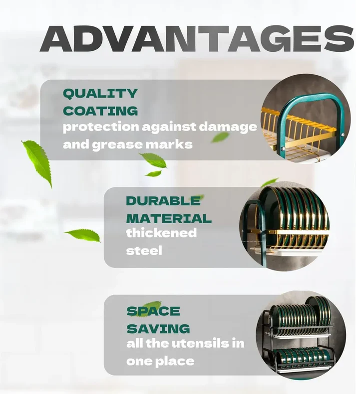 Uscător veselă bucătărie 2 niveluri, organizator pentru farfurii și tacâmuri, structură metal și plastic rezistent, design compact economisire spațiu, negru [2]