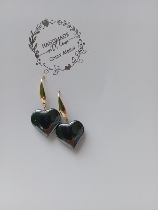 Cercei Inimioara de Hematit negru 2cm cu tortite placate cu aur 18K [2]