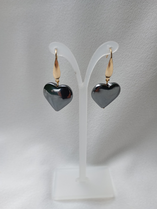 Cercei Inimioara de Hematit negru 2cm cu tortite placate cu aur 18K [4]