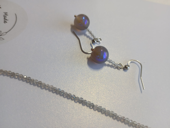 Set colier și cercei Labradorit natural 10mm, 40cm, 3cm, piatră semiprețioasă, inoxidabil [3]