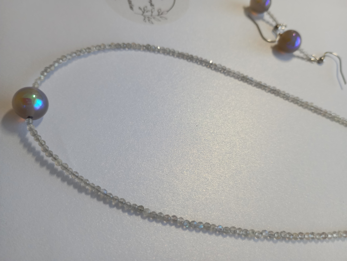 Set colier și cercei Labradorit natural 10mm, 40cm, 3cm, piatră semiprețioasă, inoxidabil [5]