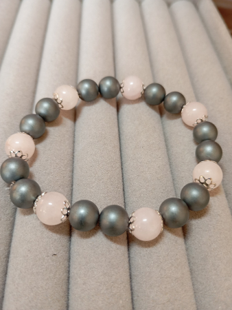 Bijuterii pietre semipretioase si otel inoxidabil - Bratara pe elastic Cuart Roz si Hematit