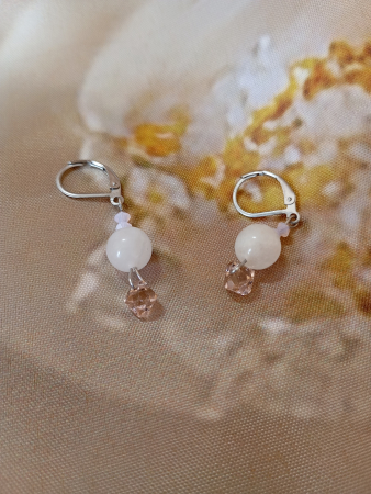 Bijuterii pietre semipretioase si otel inoxidabil - Cercei Cuart roz si Swarovski 3 cm