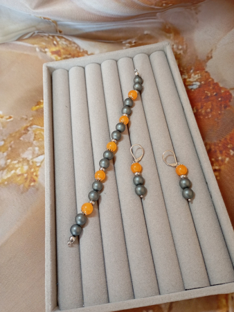 Bijuterii pietre semipretioase si otel inoxidabil - Set bratara si cercei Jad galben si Hematit