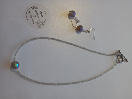 Bijuterii pietre semipretioase si otel inoxidabil - Set colier și cercei Labradorit natural 10mm, 40cm, 3cm, piatră semiprețioasă, inoxidabil