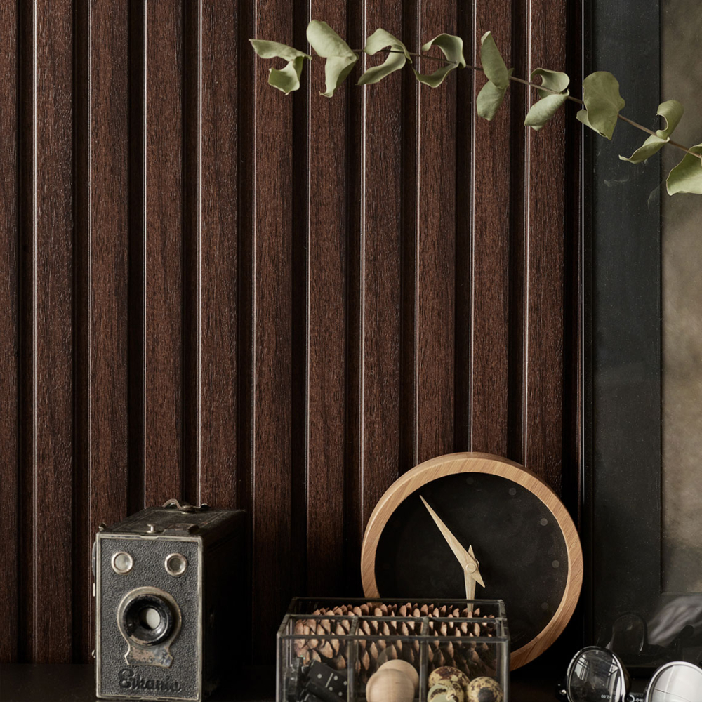 Panou decorativ 3D interior VOX Linerio, decor Ciocolată - 5,17 mp/cutie (16 bucăți), 2650×122×12 mm, Polistiren Extrudat XPS [2]