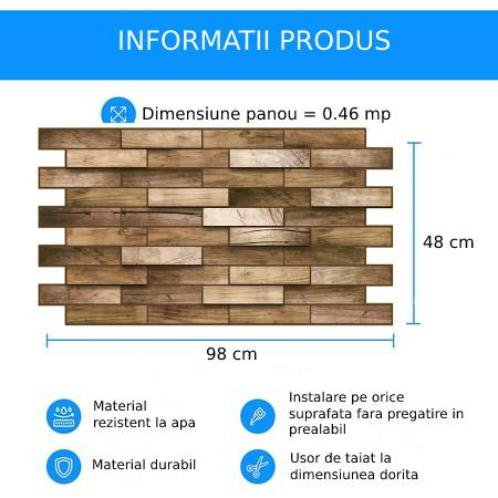 Panou decorativ PVC 3D pentru perete, 980 x 480 x 3 mm, decor Lemn rustic [7]