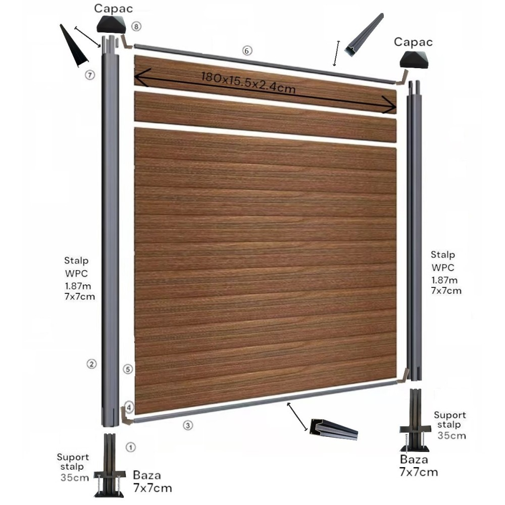 Profil gard WPC compozit lemn-plastic D6472, rezistent UV si inghet -40C/+60C, 1800x155x24 mm, Visiniu [10]