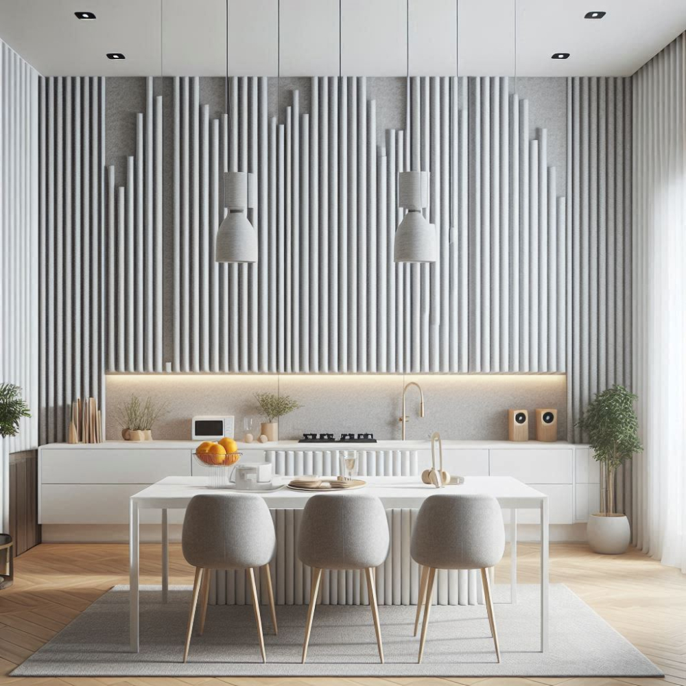 Set 4 buc - Panouri acustice lamelare din MDF pe fetru, Alb cu fetru gri, 600 x 600 x 21 mm/bucată, total 1,44 m² [10]
