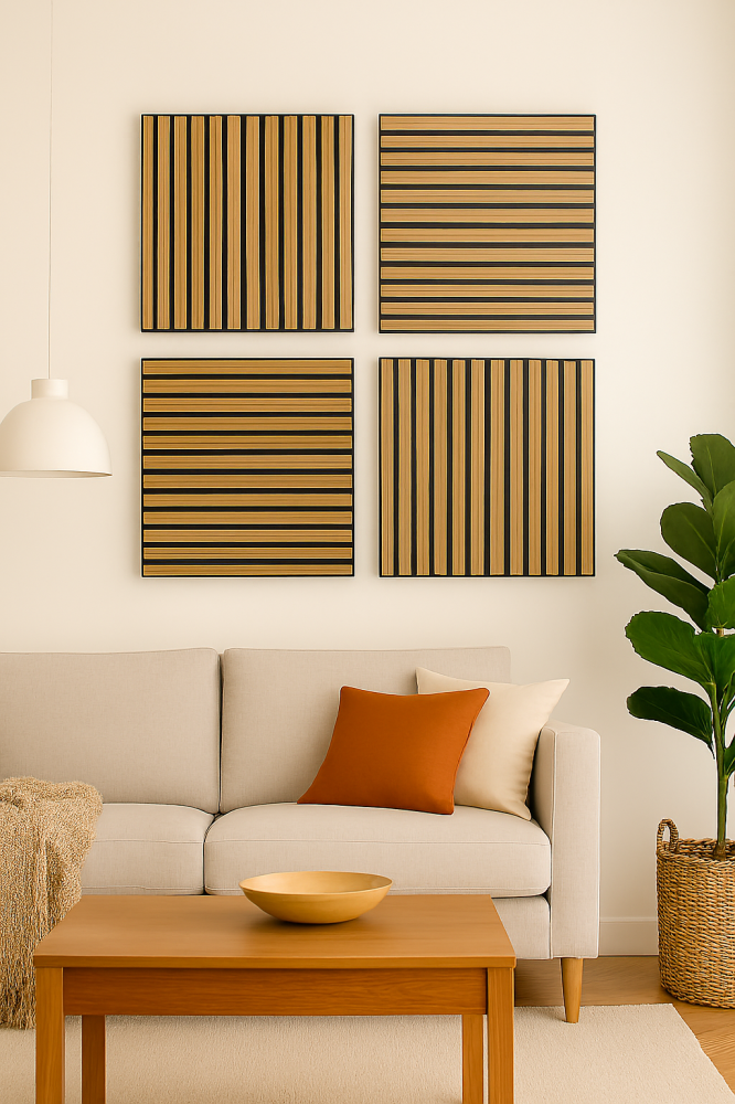 Set 4 buc - Panouri acustice lamelare din MDF pe fetru, Nuc, 600 x 600 x 21 mm/bucată, total 1,44 m² [2]