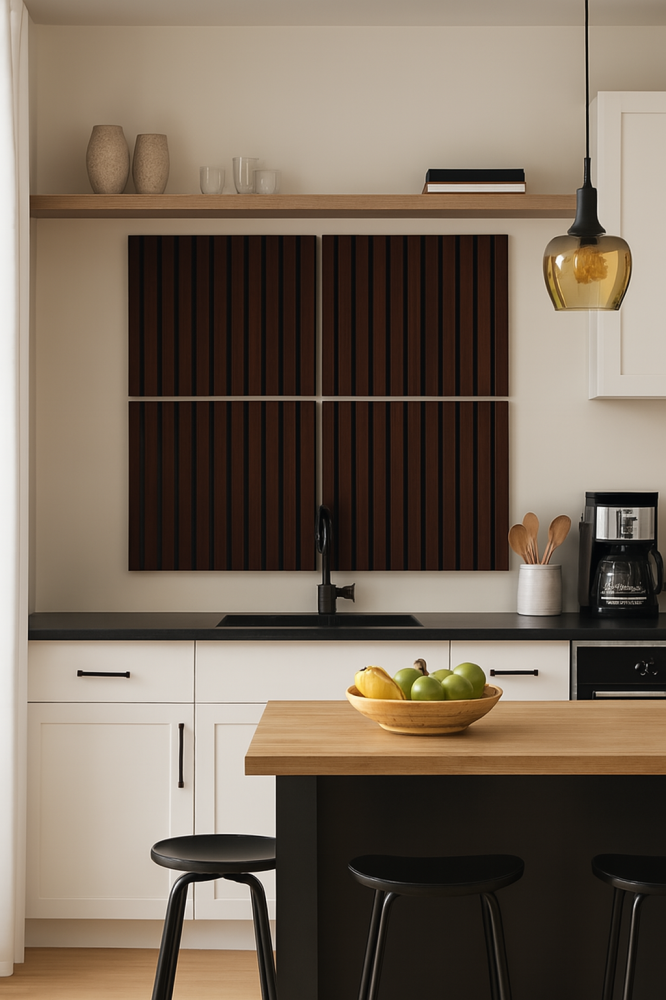 Set 4 buc - Panouri acustice lamelare din MDF pe fetru, Nuc închis, 600 x 600 x 21 mm/bucată, total 1,44 m² [2]