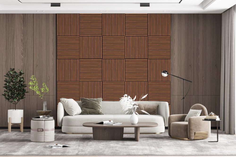 Set 4 buc - Panouri acustice lamelare din MDF pe fetru, Tec, 600 x 600 x 21 mm/bucată, total 1,44 m² [5]