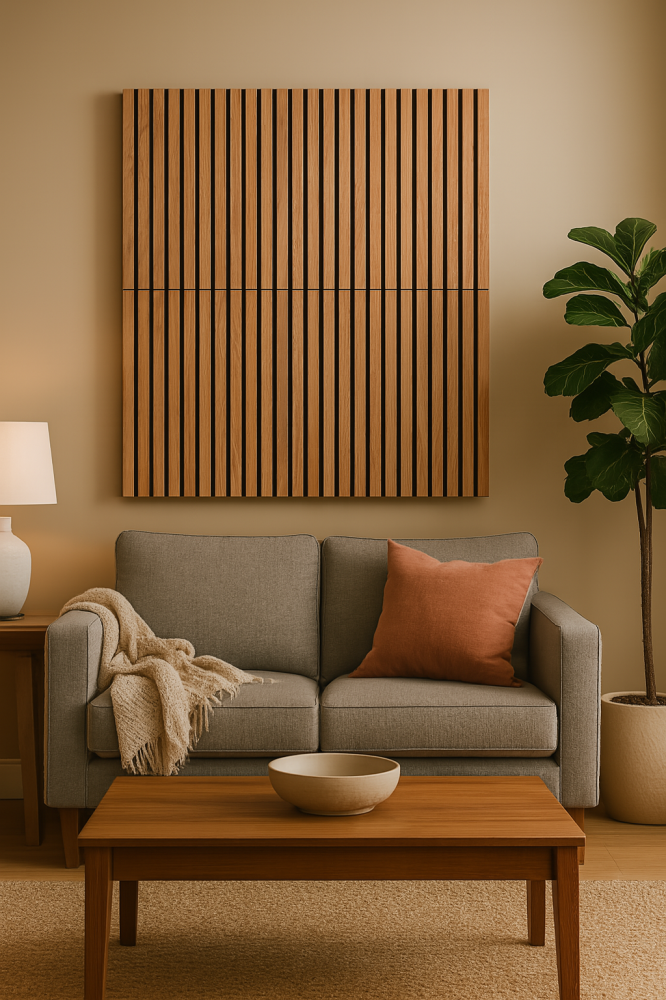 Set 4 buc - Panouri acustice lamelare din MDF pe fetru, Tec, 600 x 600 x 21 mm/bucată, total 1,44 m² [4]