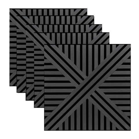 Panouri Decorative - Pachet 5 buc - Panou acustic riflaj din MDF cu pâslă fonoabsorbantă, D6766, 600 x 600 x 18 mm, Negru
