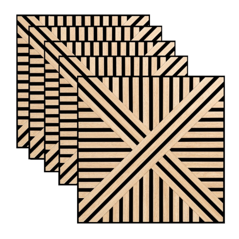 Panouri Decorative - Pachet 5 buc - Panou acustic riflaj din MDF cu pâslă fonoabsorbantă, D6767, 600 x 600 x 18 mm, Stejar