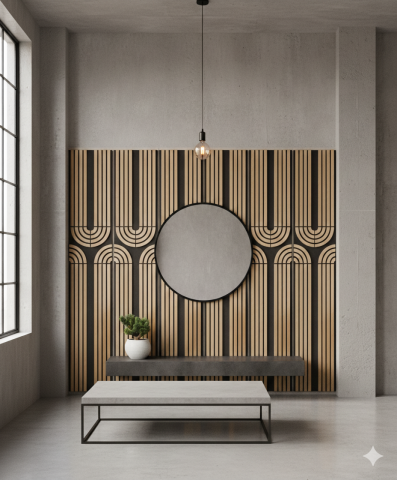 Panou acustic lamelar Art Deco din MDF pe fetru, 2400 x 600 x 21 mm, Stejar [2]
