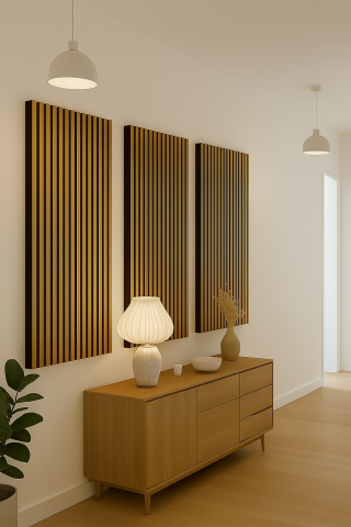 Panouri Decorative Interior - Panou acustic lamelar din MDF pe fetru, 2400 x 600 x 21 mm, Tec