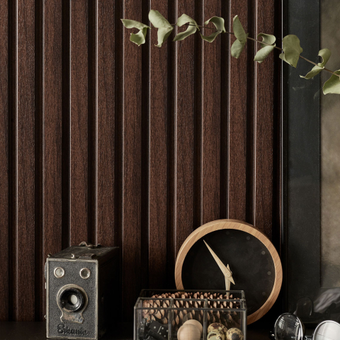 Panou decorativ 3D interior VOX Linerio, decor Ciocolată - 5,17 mp/cutie (16 bucăți), 2650×122×12 mm, Polistiren Extrudat XPS [1]